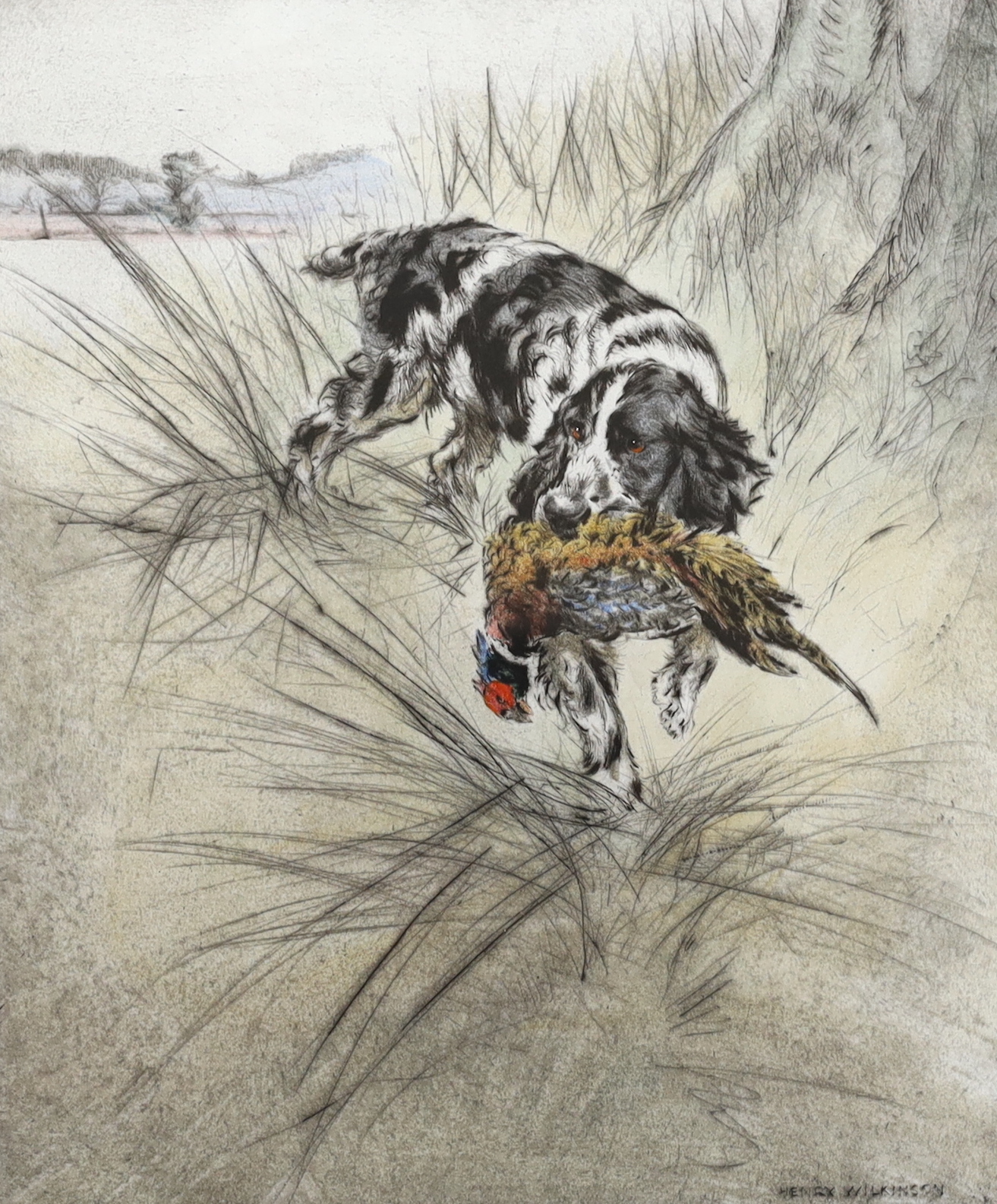 Henry Wilkinson (1921-2011), artists proof colour etching, Gun dog with game, pencil signed, 28cm x 25cm